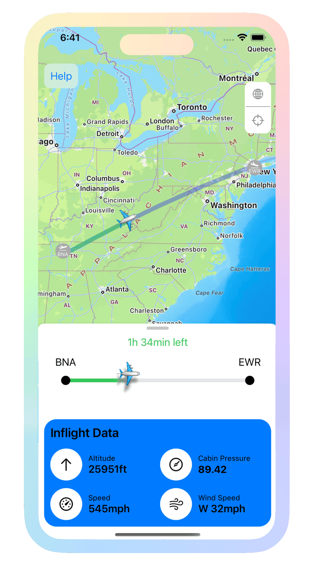 InFlight showing live altitude, speed, route, and arrival data